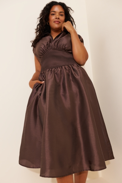 Drop-Waist Short-Sleeve Iridescent Midi Dress