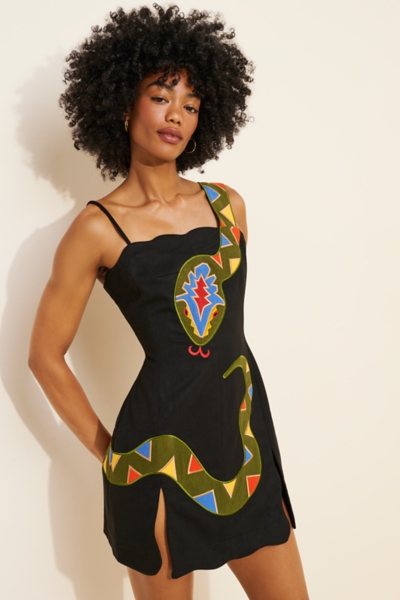 slim fit dress slacks LULU SNAKE PRINT MIDI DRESS WITH METAL DETAIL – AKIRA main image 0