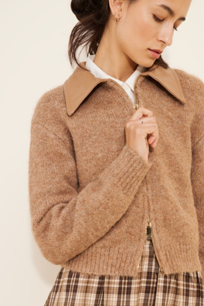 Vegan Leather Collar Zip-Up Sweater | Nuuly