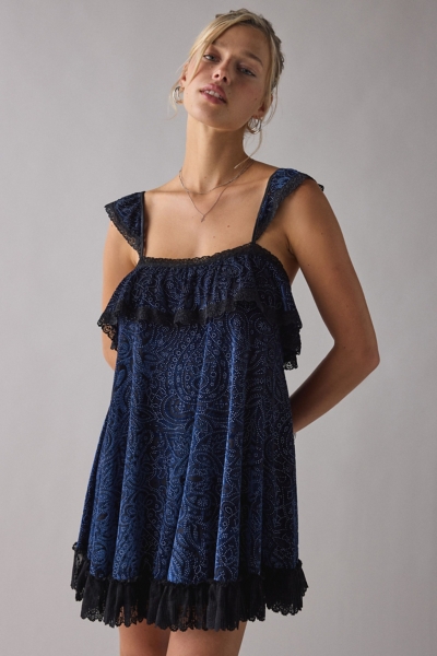 blue velvet babydoll dress 1960s Square Neck Puff Sleeve Velvet Pocket Babydoll Dress