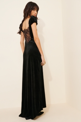 Sweetheart Puff-Sleeve Velvet Lace-Back Maxi Dress