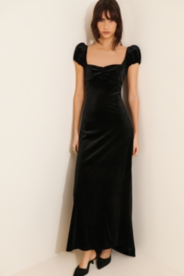 Sweetheart Puff-Sleeve Velvet Lace-Back Maxi Dress