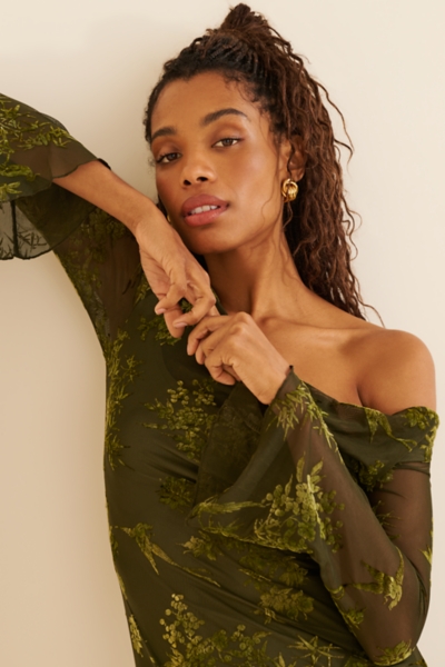 Long-Sleeve Fallen-Shoulder Velvet Mesh Maxi Dress | Nuuly
