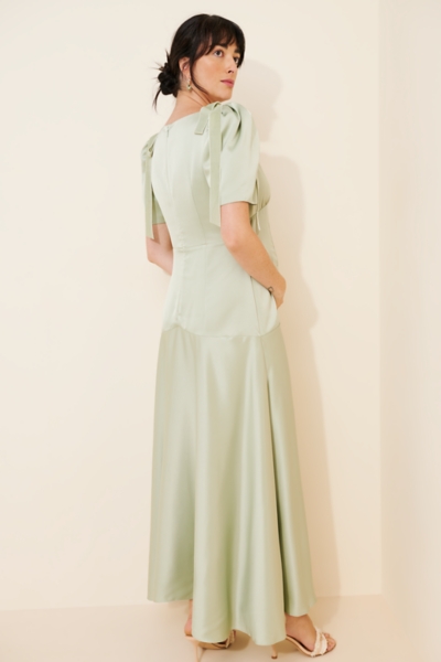 slim fit dress slacks Sage Green Satin Princess Flower Girl Dress with Puff Sleeves and Bows –  Mia Princess main image 1