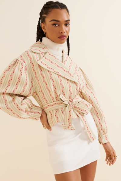 Belted Voluminous Sleeve Floral Stripe Jacket | Nuuly