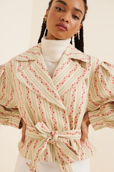 Belted Voluminous Sleeve Floral Stripe Jacket | Nuuly