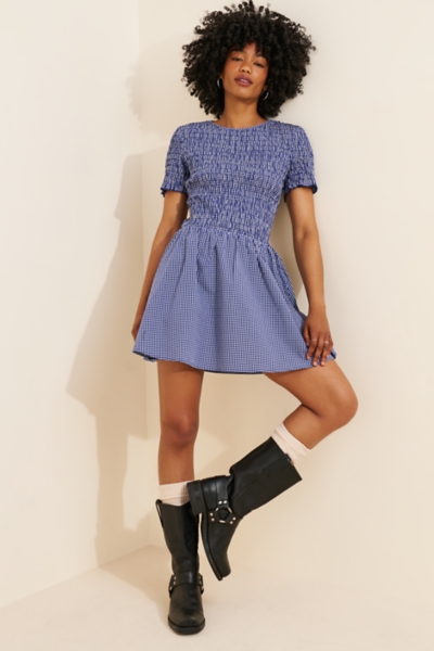 knee length gingham dress Collared Button Down Gingham Print Dress for Women Below Knee Length