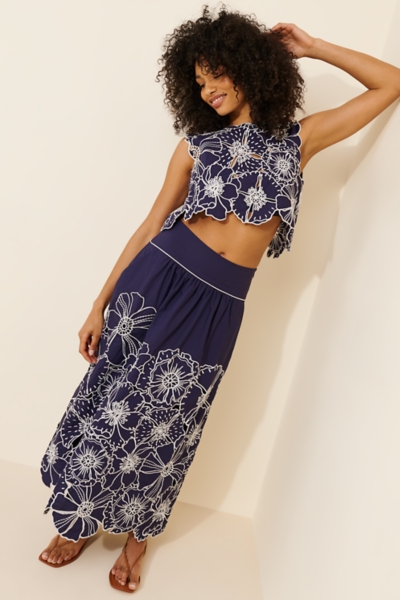 blue flower richelieu midi dress FARM Rio Blue Flowers Richelieu Organic Cotton Maxi Skirt, Blue / XL main image 0