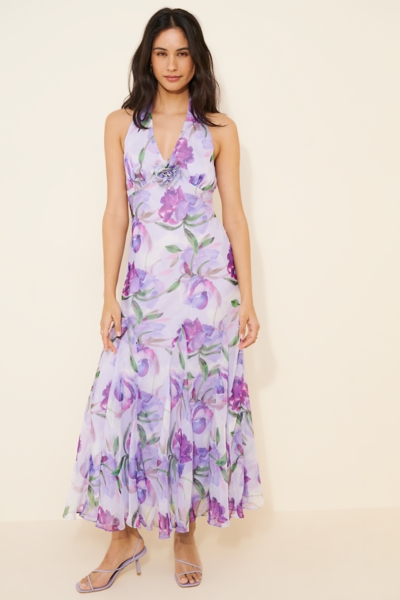 blue and white halter maxi dress Blooming Season Floral Crepe Halter Maxi Dress, Cream & Blue / S
