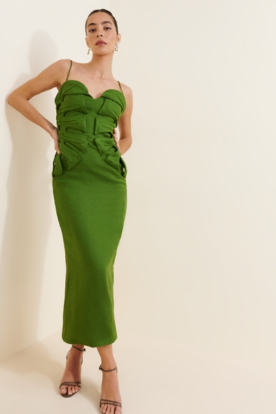 green emerald velvet dress Farm Rio - Green Monstera Corset Eyelet Maxi Dress