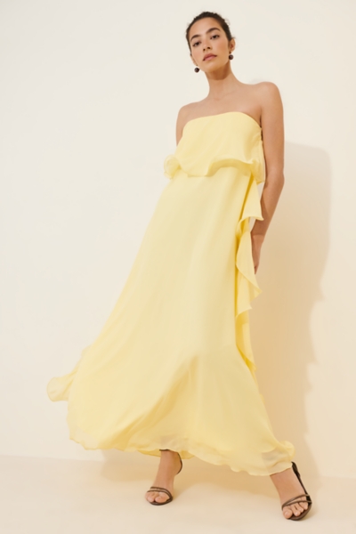 dresses in new york Berrylush Women Solid Yellow V-Neck Waist Tie-Up Thigh-High Slit Flare main image 1