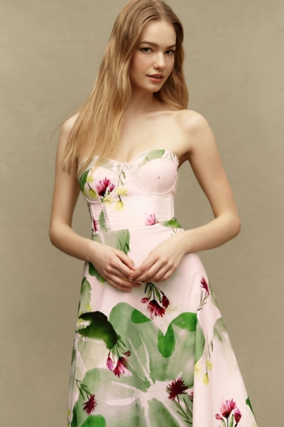 slim fit dress slacks STRAPLESS FIT AND FLARE MIDI TEA LENGTH DRESS BY AMORIS T822 – Bridal Hive