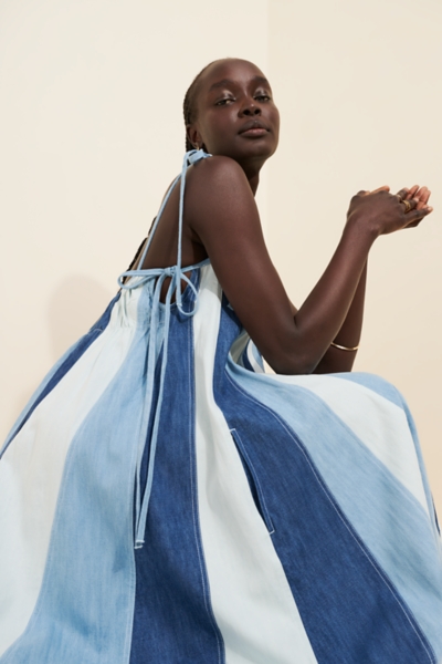 denim striped dress Oddi Colored Denim and Striped Overall Dress in Washed Black