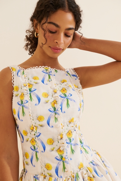 blue and white mini dress strapless Azulu Jagger Scalloped Strapless Linen Mini Dress