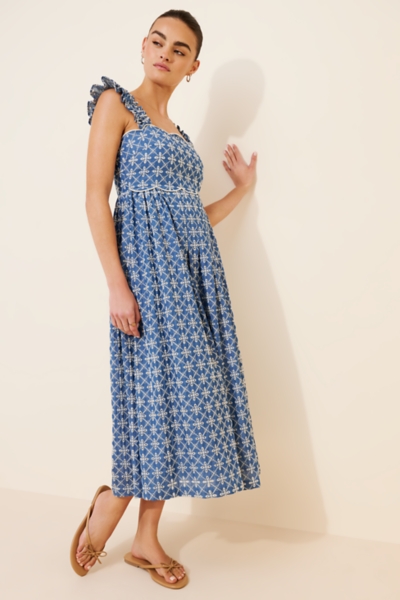 blue skin tight dress FARM Rio BLUE Garden Tapestry Embroidered Long Sleeve Midi Dress, Garden Tapestry BLUE / XS main image 1
