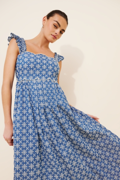 blue skin tight dress Milly Hazel Embroidered Midi Dress in Blue main image 1