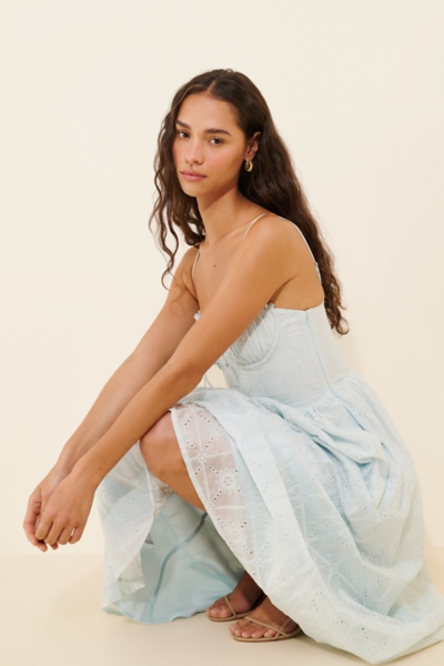 aubrey midi dress ASTR the Label | Aubrey Eyelet Embroidered Sweetheart Midi Dress in Blush