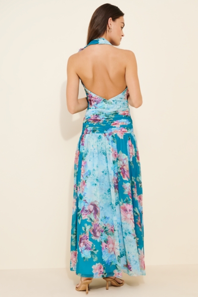 grunge fairy dress Blue Floral A-Line Halter Pleated Floor Length Bridesmaid Dresses