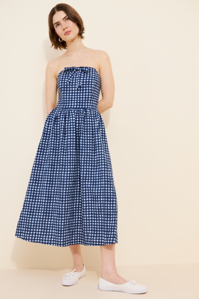 blue gingham strapless dress Vintage 50s 60s Blue Floral Fit & Flare Midi Dress