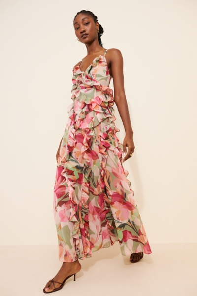 knee length dresses for ladies Yellow And Pink Ruffled Mesh Maxi Dress main image 1