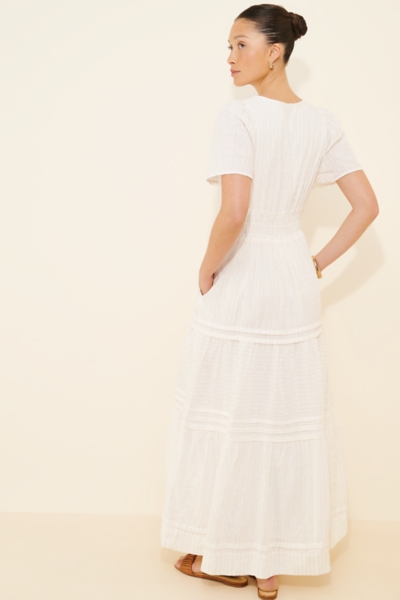 white short sleeve maxi dress Off Lace Square Neck Smocked Tiered 23% linen Skye Maxi Dress - V