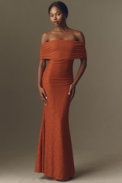 velvet torch womens lace strapless dress ivory/terracotta orange Off-The-Shoulder Mesh fashion street style