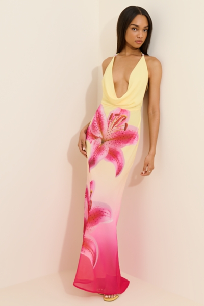 strapless open back dress Divine Maxi Dress In White With Pink Multi Floral Print – St Frock