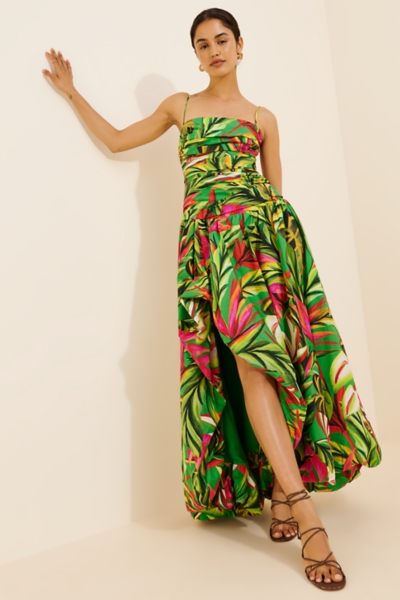 farm rio cutout embroidered floral-print linen-blend maxi dress Off-White Flower Embroidery Asymetric Hem Midi Dress main image 0