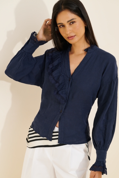 Long Sleeve Linen Ruffle Blouse | Nuuly