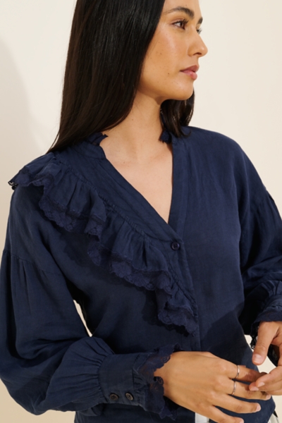 Long Sleeve Linen Ruffle Blouse | Nuuly
