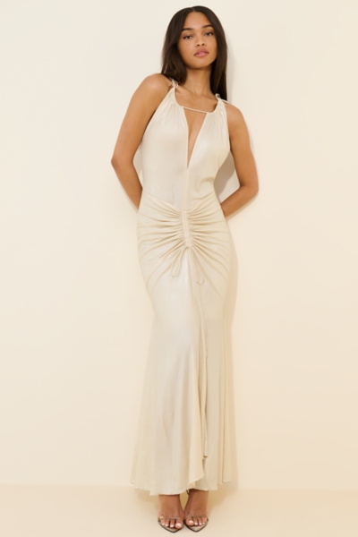 ruched keyhole midi dress in rose gold Rose Keyhole Midi Dress