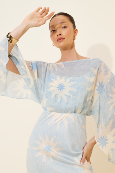 long winter dresses Blue Winter Tapestry Long Sleeve Maxi Dress