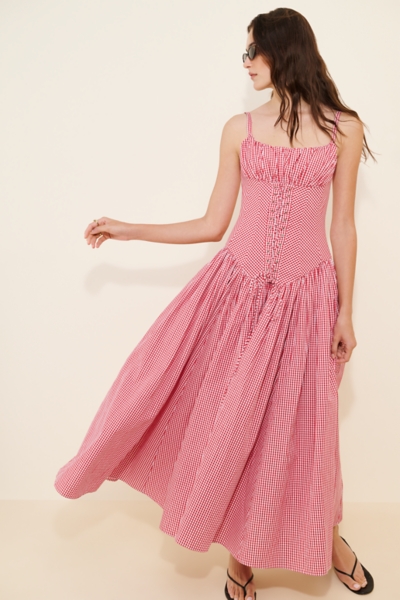 drop waist corset maxi dress LACE & BEADS Drop Waist Corset Detail Maxi Dress in Red