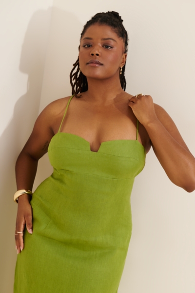 green linen blend dress Indy embellishment:Fringe