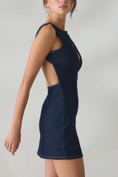 denim backless dress Medium Wash Button Up Backless Denim Halter Mini Dress