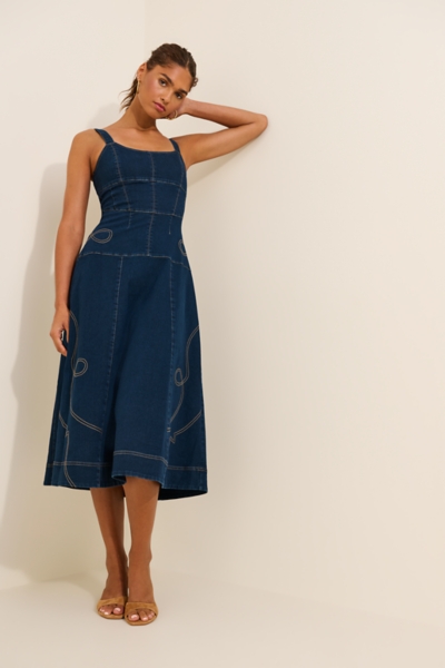 Western Embroidered A-Line Denim Midi Dress