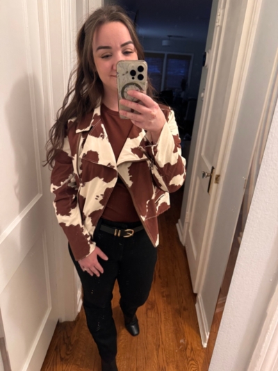 Cow Print Vegan Suede Moto Jacket | Nuuly