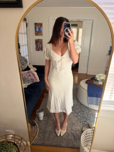 maeve puff sleeve corset linen midi dress Puff-Sleeve Corset Linen Midi Dress