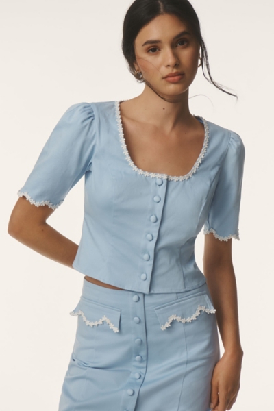 Short-Sleeve Scoop-Neck Lace-Trim Blouse | Nuuly