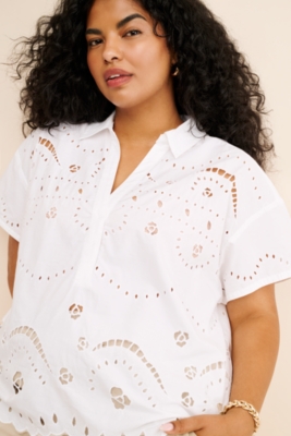 Short-Sleeve Boxy Eyelet Popover Blouse