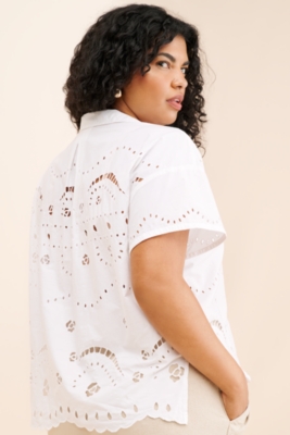Short-Sleeve Boxy Eyelet Popover Blouse