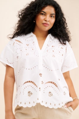 Short-Sleeve Boxy Eyelet Popover Blouse | Nuuly