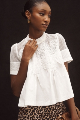 Short-Sleeve Lace Poplin Swing Top