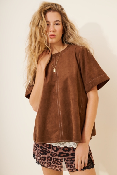 The Emmy Vegan-Suede Short-Sleeve Swing Blouse | Nuuly