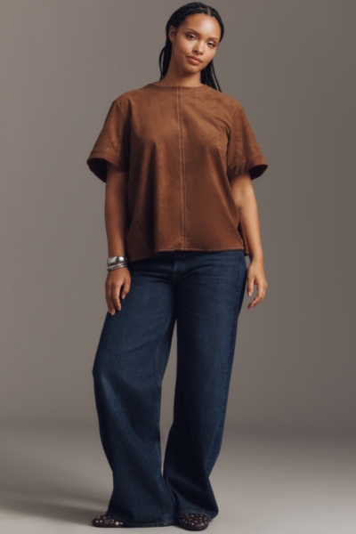 The Emmy Vegan-Suede Short-Sleeve Swing Blouse | Nuuly