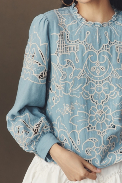 The Lainie Long-Sleeve Lace Cutwork Blouse | Nuuly