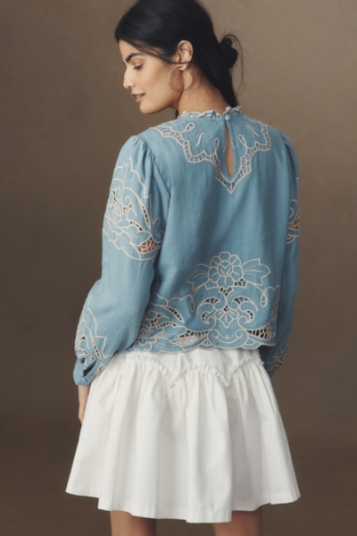The Lainie Long-Sleeve Lace Cutwork Blouse | Nuuly