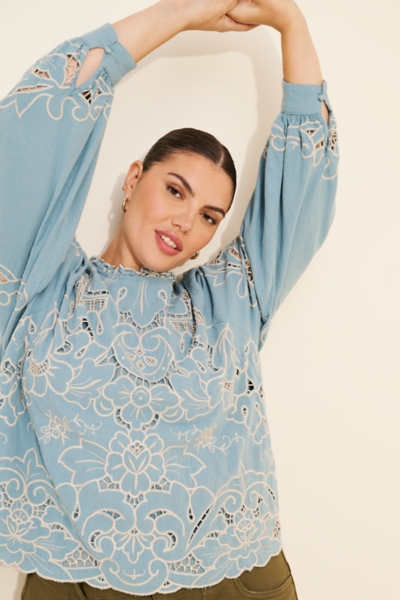 The Lainie Long-Sleeve Lace Cutwork Blouse | Nuuly