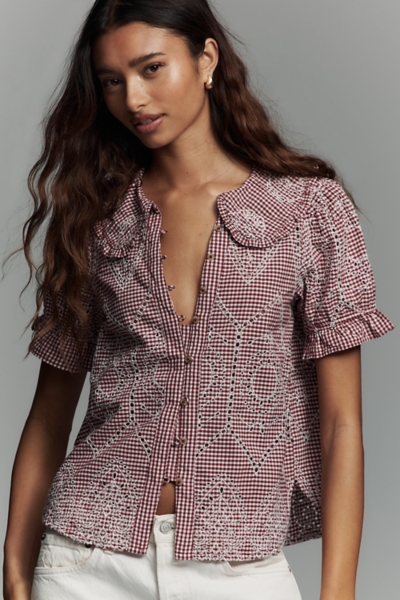 The Keira Collared Button-Front Blouse: Embroidere | Nuuly