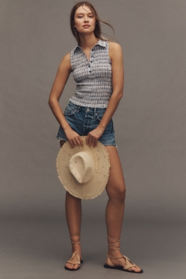 【WOOHWA】SHIRRING POLA TOP Tang Pleated Embroidered Mandarin Collar Top
